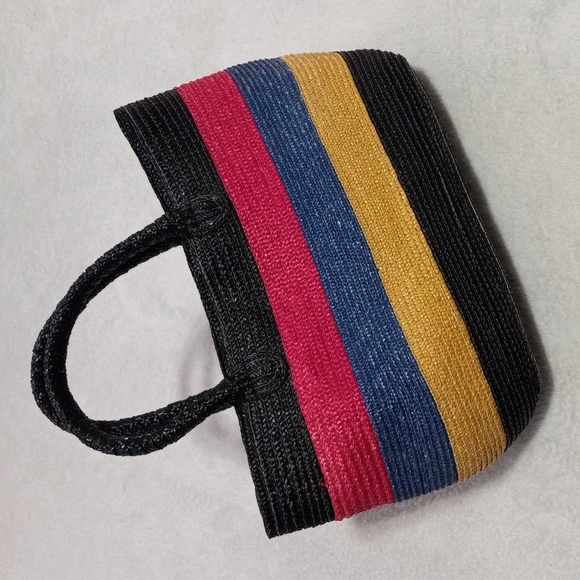 Handbags - Boutique Straw Colorblock Black/Pink/Blue/Gold Striped Handbag Tote